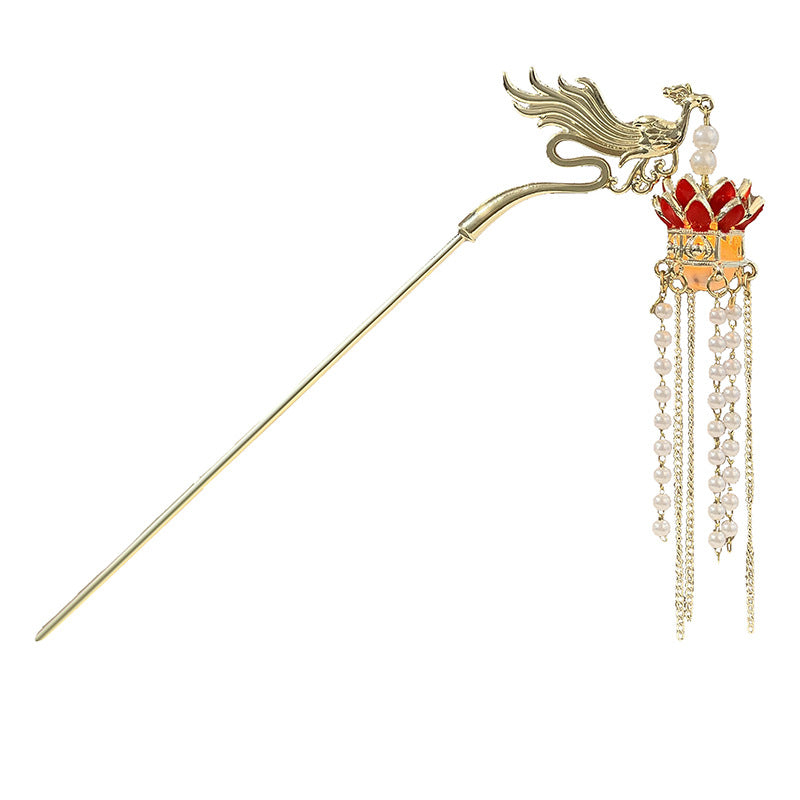 Luminous Lantern Hairpin – Antique Chinese Style, Metal Phoenix Tassel Hair Accessory for Women
