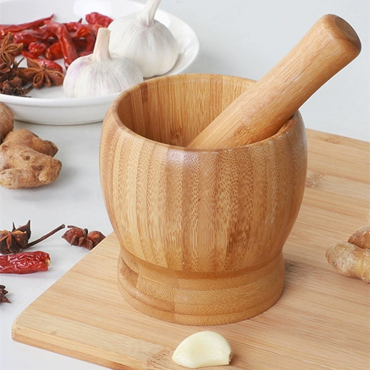 Bamboo Garlic Mortar & Pestle – Natural Wood Mashing Pot for Garlic, Ginger & Spices
