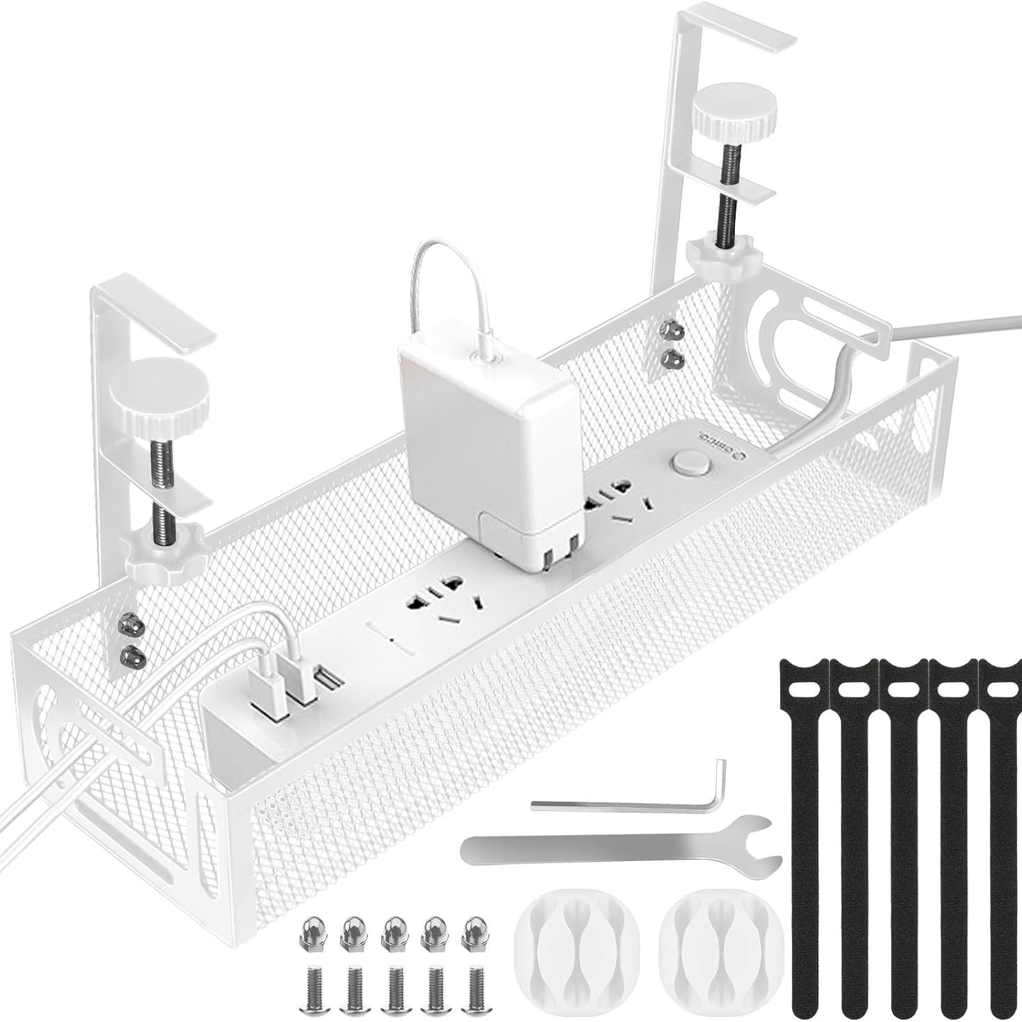 Under-Desk Cable Management Tray – No-Drill Hook Mount, Wire & Socket Organizer