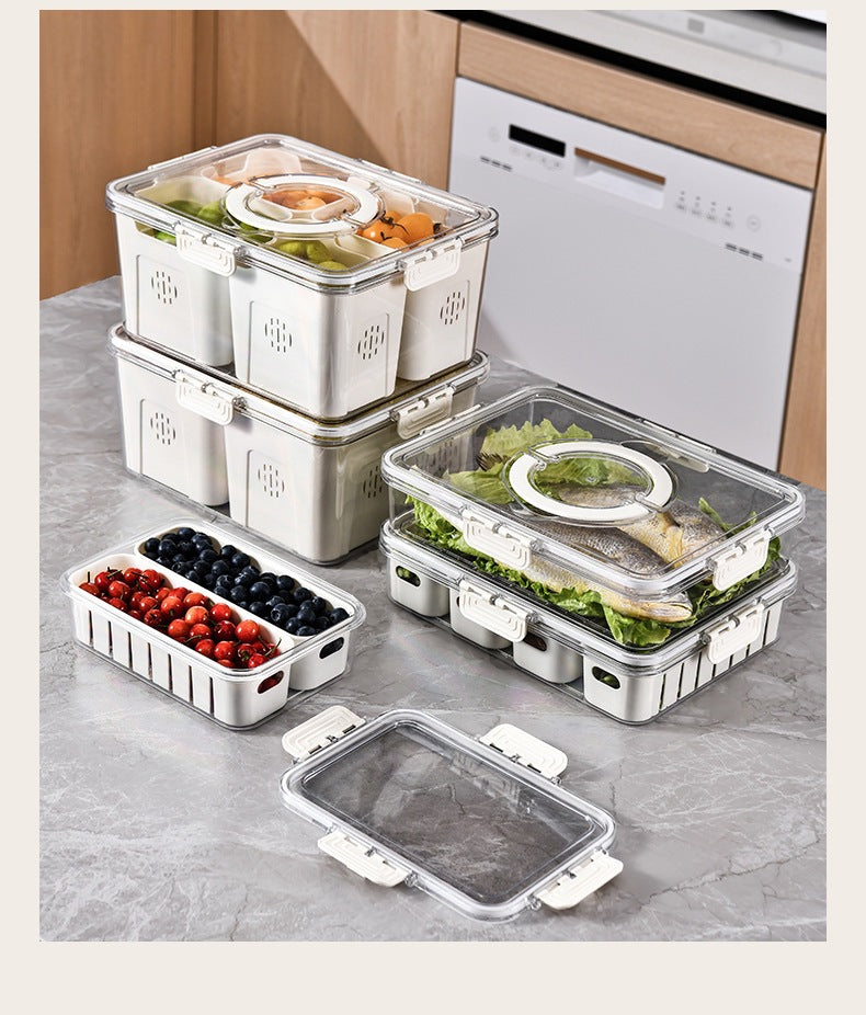 Refrigerator Organizer Box – Multi-Compartment Fresh-Keeping Storage with Drain Design