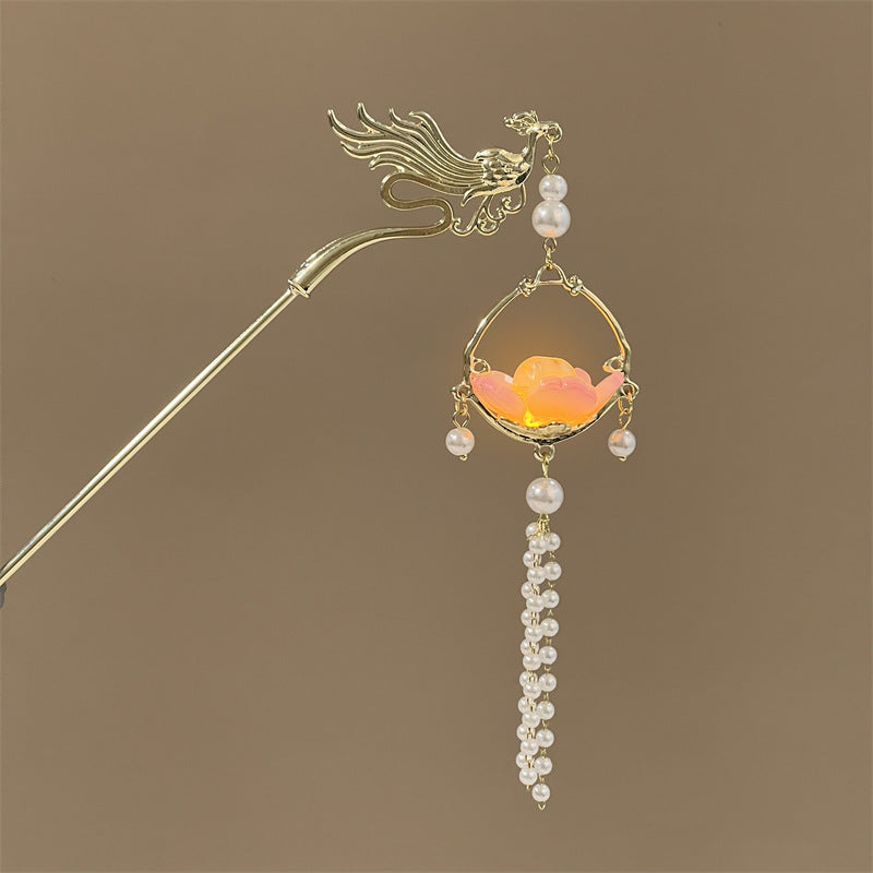 Luminous Lantern Hairpin – Antique Chinese Style, Metal Phoenix Tassel Hair Accessory for Women