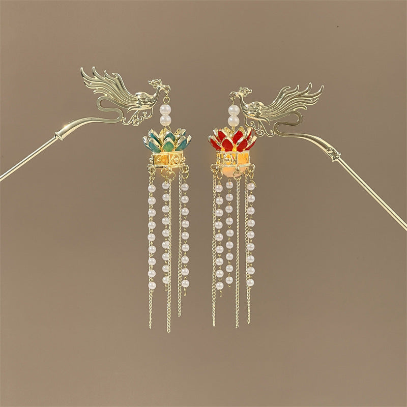 Luminous Lantern Hairpin – Antique Chinese Style, Metal Phoenix Tassel Hair Accessory for Women