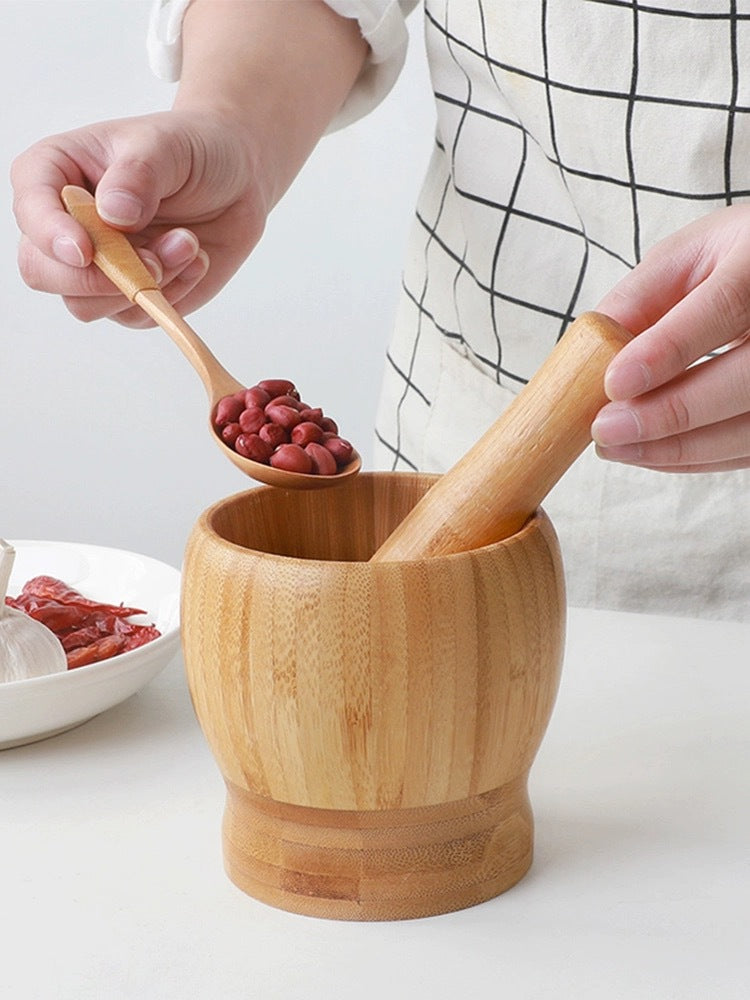 Bamboo Garlic Mortar & Pestle – Natural Wood Mashing Pot for Garlic, Ginger & Spices