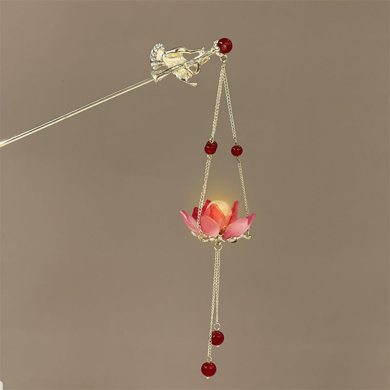 Luminous Lantern Hairpin – Antique Chinese Style, Metal Phoenix Tassel Hair Accessory for Women