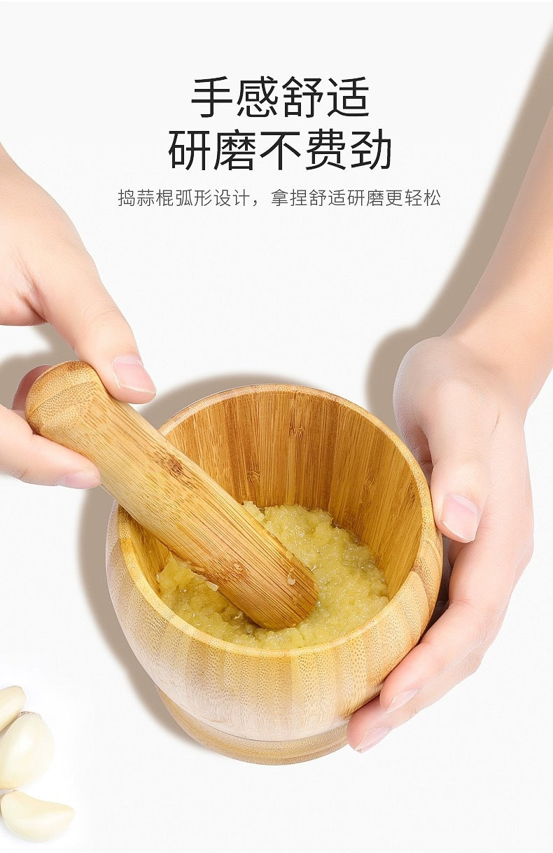 Bamboo Garlic Mortar & Pestle – Natural Wood Mashing Pot for Garlic, Ginger & Spices