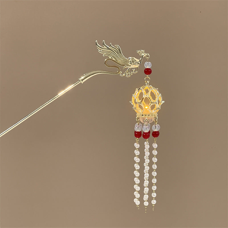 Luminous Lantern Hairpin – Antique Chinese Style, Metal Phoenix Tassel Hair Accessory for Women