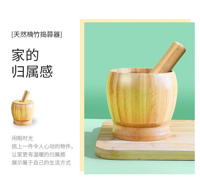 Bamboo Garlic Mortar & Pestle – Natural Wood Mashing Pot for Garlic, Ginger & Spices