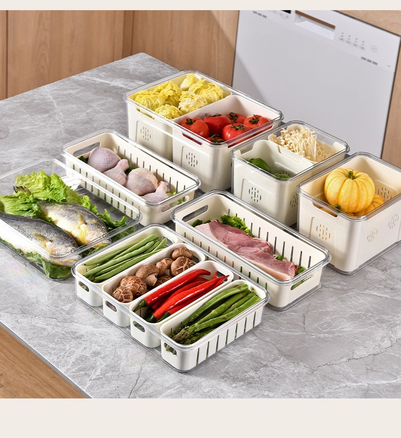 Refrigerator Organizer Box – Multi-Compartment Fresh-Keeping Storage with Drain Design
