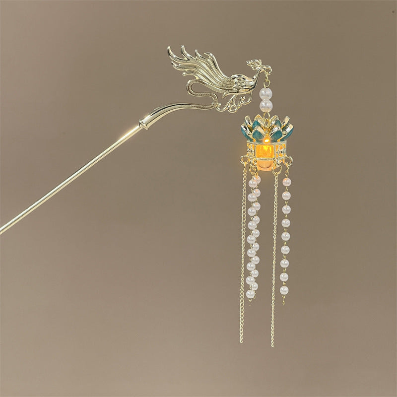 Luminous Lantern Hairpin – Antique Chinese Style, Metal Phoenix Tassel Hair Accessory for Women