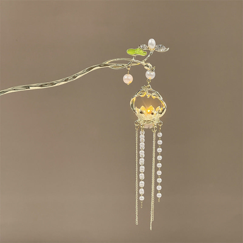 Luminous Lantern Hairpin – Antique Chinese Style, Metal Phoenix Tassel Hair Accessory for Women