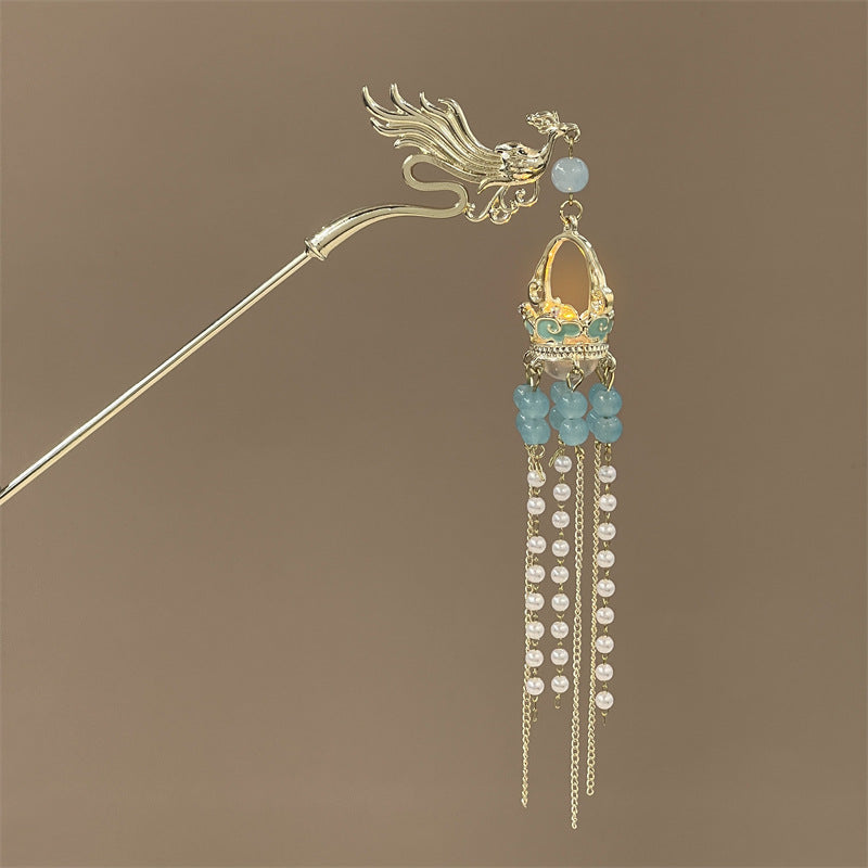 Luminous Lantern Hairpin – Antique Chinese Style, Metal Phoenix Tassel Hair Accessory for Women