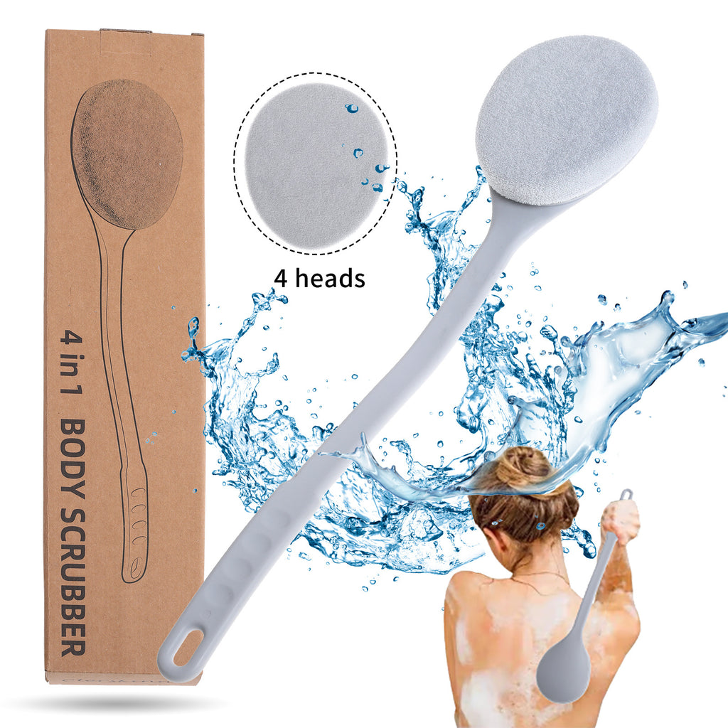 Long Handle Bath Scrubbing Brush – Deep Cleaning Exfoliating Body Brush with 3 Replacement Heads