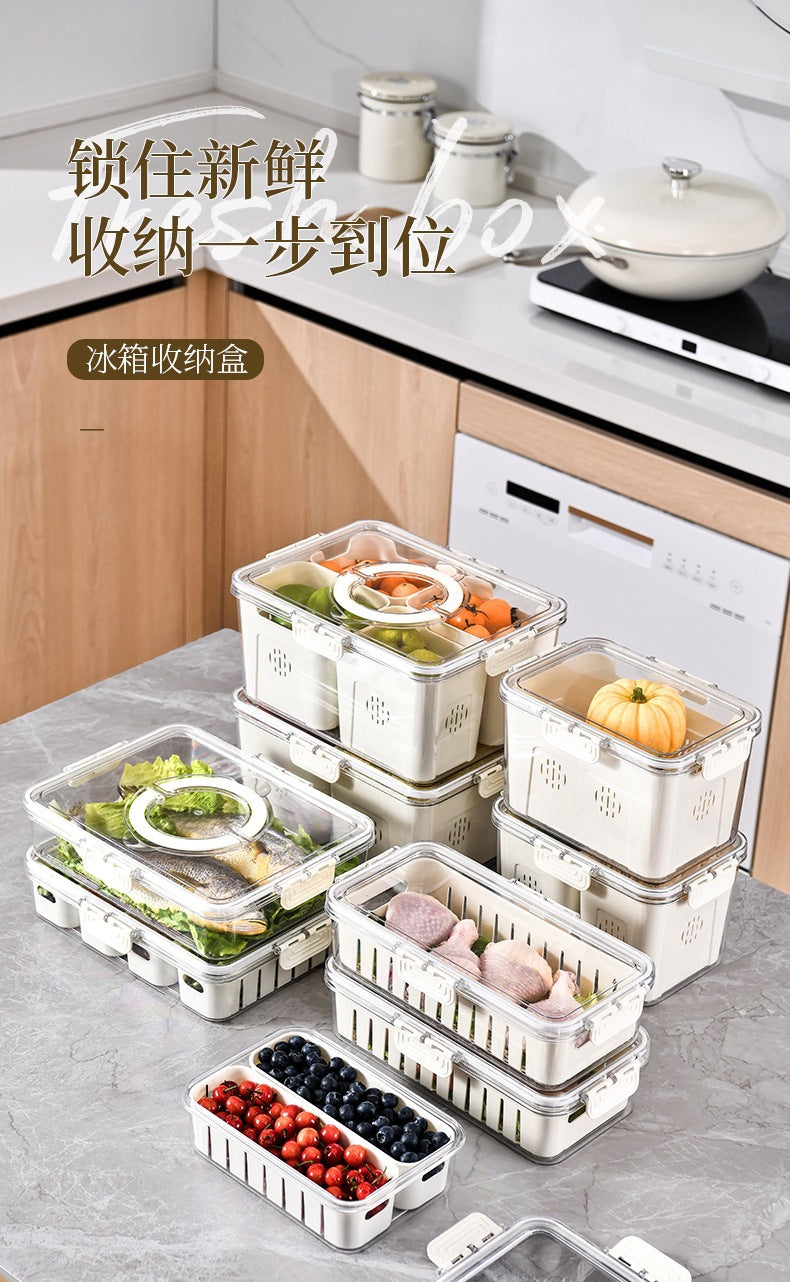 Refrigerator Organizer Box – Multi-Compartment Fresh-Keeping Storage with Drain Design