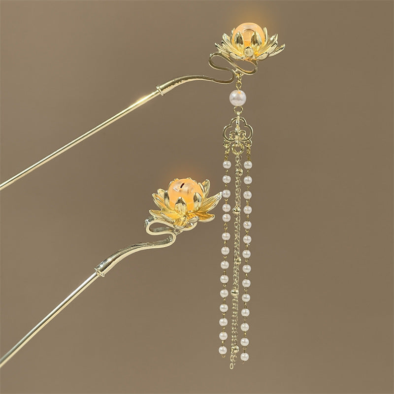 Luminous Lantern Hairpin – Antique Chinese Style, Metal Phoenix Tassel Hair Accessory for Women