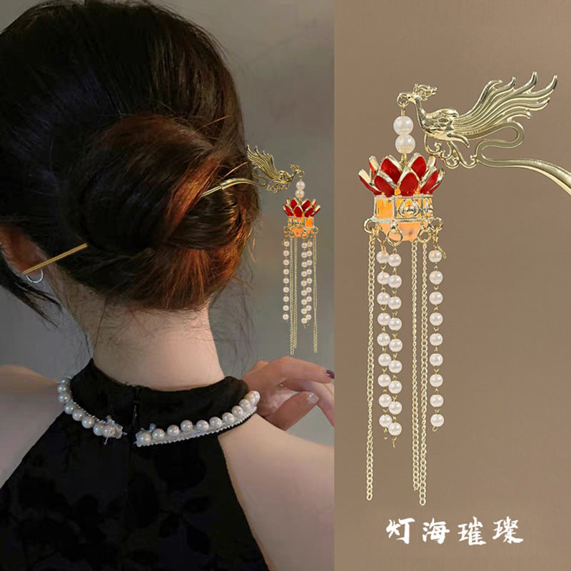 Luminous Lantern Hairpin – Antique Chinese Style, Metal Phoenix Tassel Hair Accessory for Women
