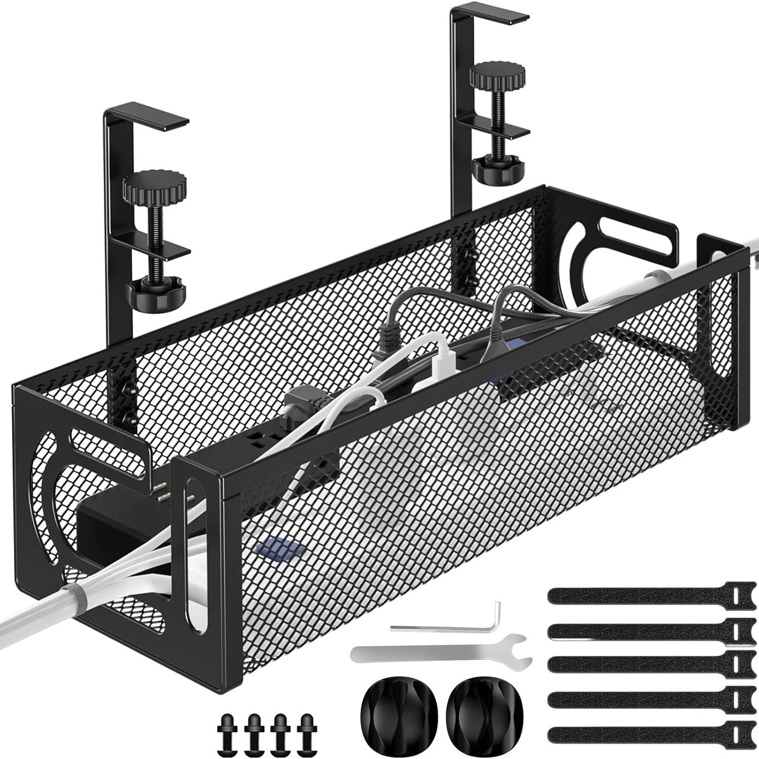 Under-Desk Cable Management Tray – No-Drill Hook Mount, Wire & Socket Organizer