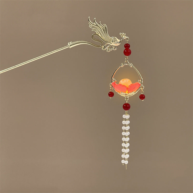 Luminous Lantern Hairpin – Antique Chinese Style, Metal Phoenix Tassel Hair Accessory for Women