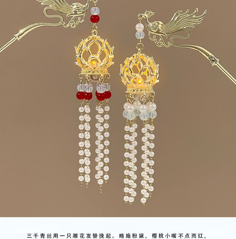 Luminous Lantern Hairpin – Antique Chinese Style, Metal Phoenix Tassel Hair Accessory for Women