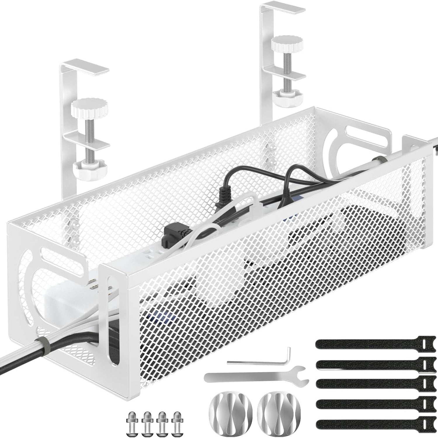 Under-Desk Cable Management Tray – No-Drill Hook Mount, Wire & Socket Organizer