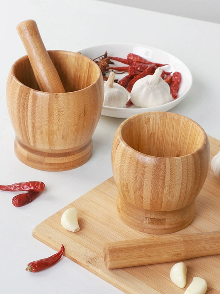 Bamboo Garlic Mortar & Pestle – Natural Wood Mashing Pot for Garlic, Ginger & Spices