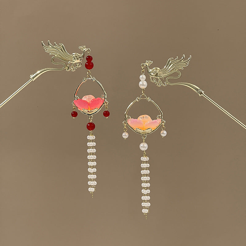 Luminous Lantern Hairpin – Antique Chinese Style, Metal Phoenix Tassel Hair Accessory for Women