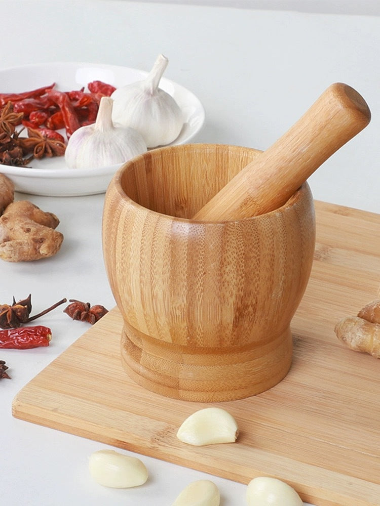 Bamboo Garlic Mortar & Pestle – Natural Wood Mashing Pot for Garlic, Ginger & Spices