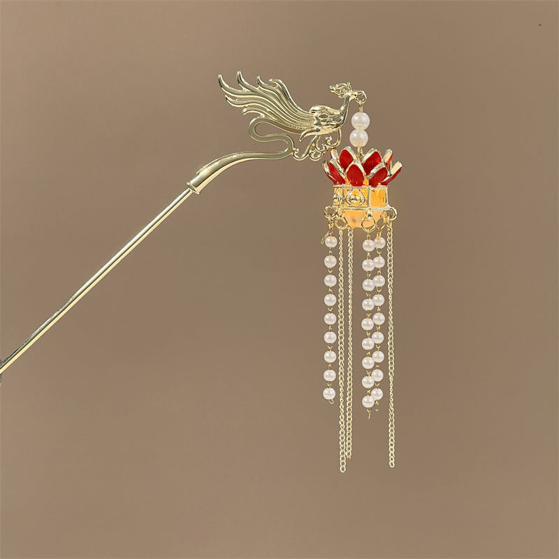 Luminous Lantern Hairpin – Antique Chinese Style, Metal Phoenix Tassel Hair Accessory for Women