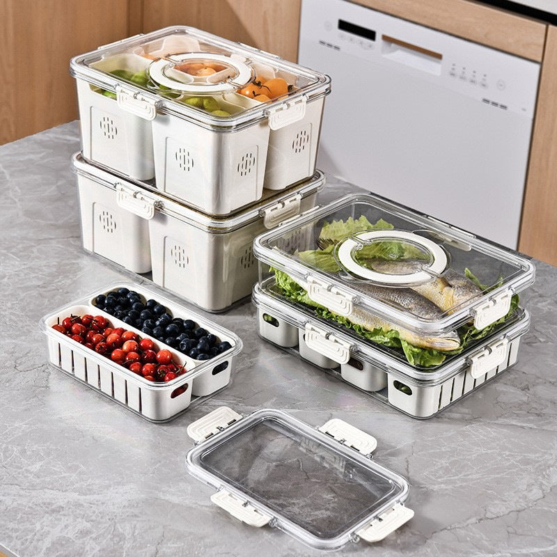 Refrigerator Organizer Box – Multi-Compartment Fresh-Keeping Storage with Drain Design
