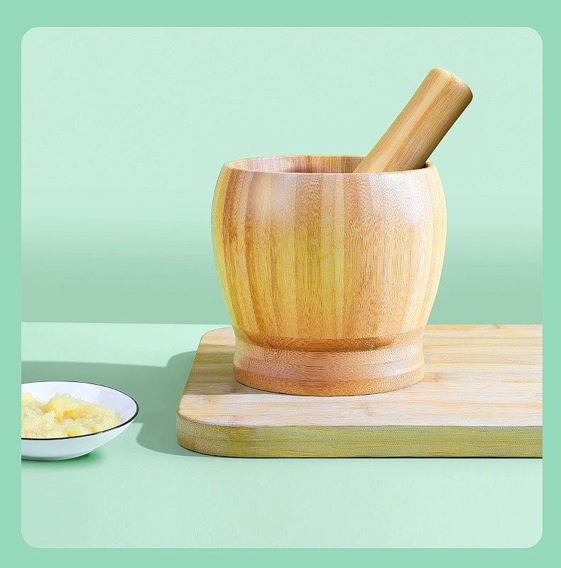 Bamboo Garlic Mortar & Pestle – Natural Wood Mashing Pot for Garlic, Ginger & Spices