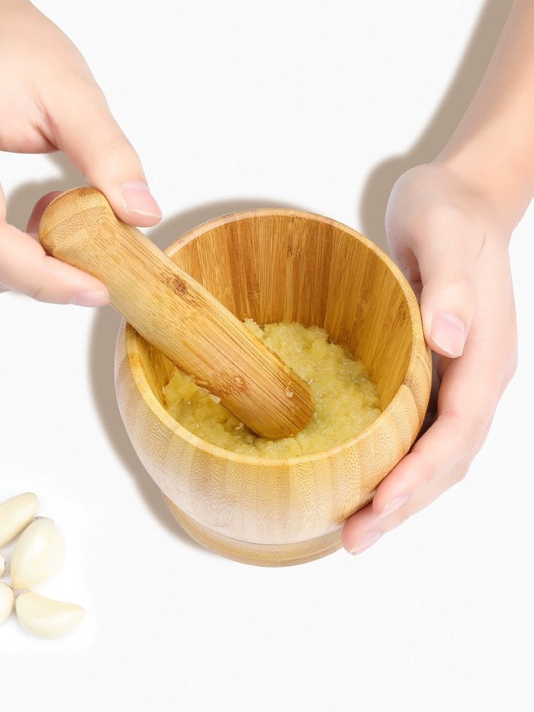 Bamboo Garlic Mortar & Pestle – Natural Wood Mashing Pot for Garlic, Ginger & Spices