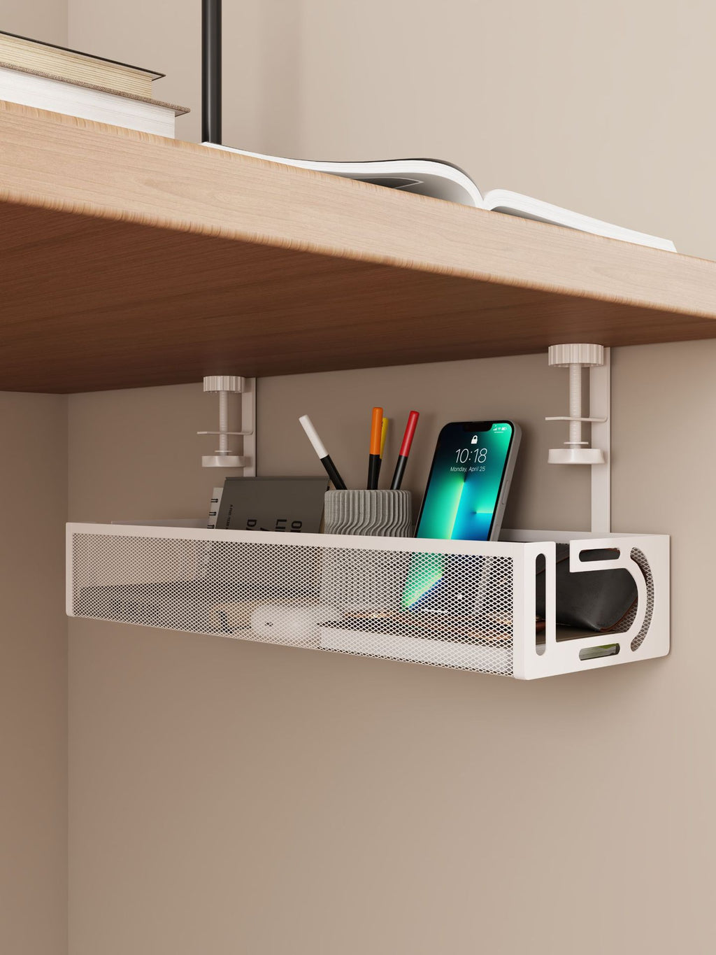 Under-Desk Cable Management Tray – No-Drill Hook Mount, Wire & Socket Organizer