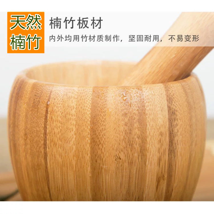 Bamboo Garlic Mortar & Pestle – Natural Wood Mashing Pot for Garlic, Ginger & Spices
