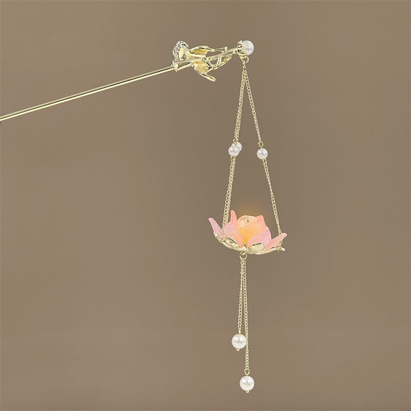 Luminous Lantern Hairpin – Antique Chinese Style, Metal Phoenix Tassel Hair Accessory for Women