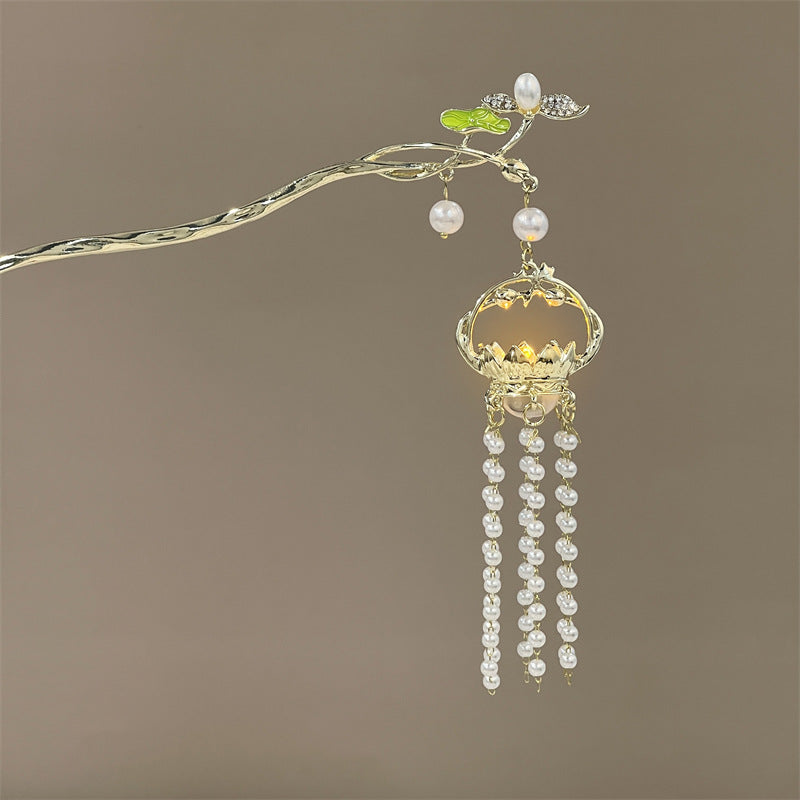 Luminous Lantern Hairpin – Antique Chinese Style, Metal Phoenix Tassel Hair Accessory for Women