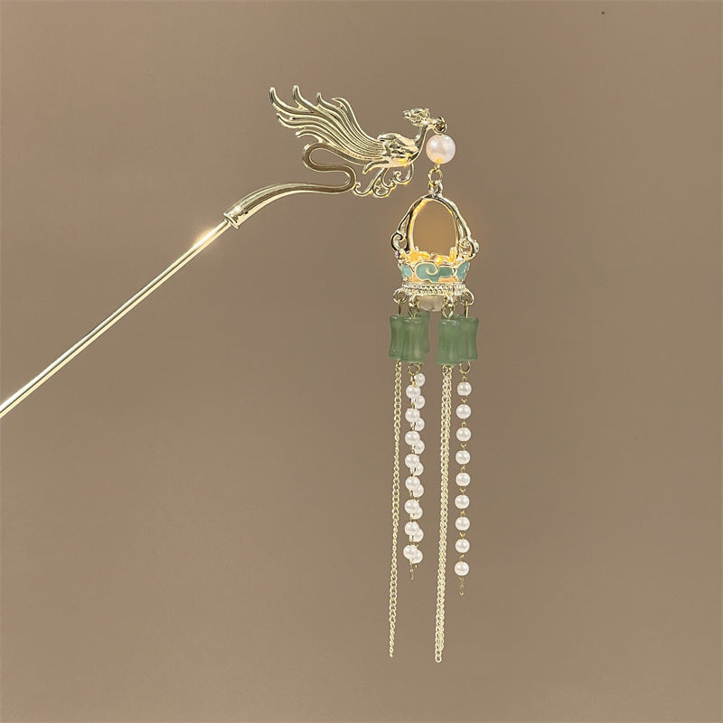 Luminous Lantern Hairpin – Antique Chinese Style, Metal Phoenix Tassel Hair Accessory for Women