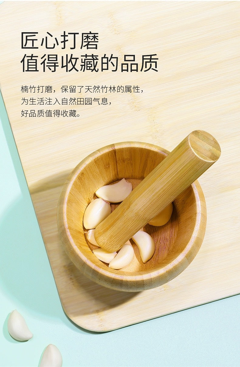 Bamboo Garlic Mortar & Pestle – Natural Wood Mashing Pot for Garlic, Ginger & Spices