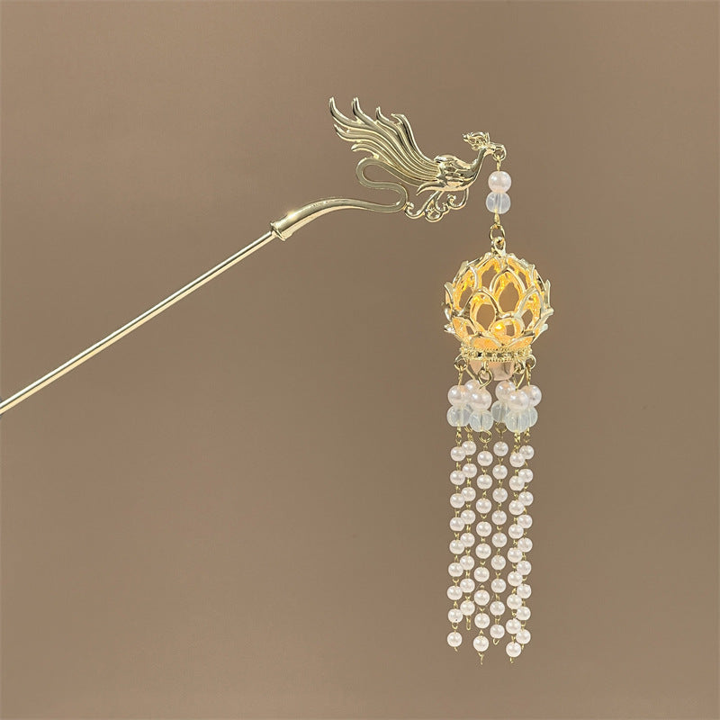 Luminous Lantern Hairpin – Antique Chinese Style, Metal Phoenix Tassel Hair Accessory for Women