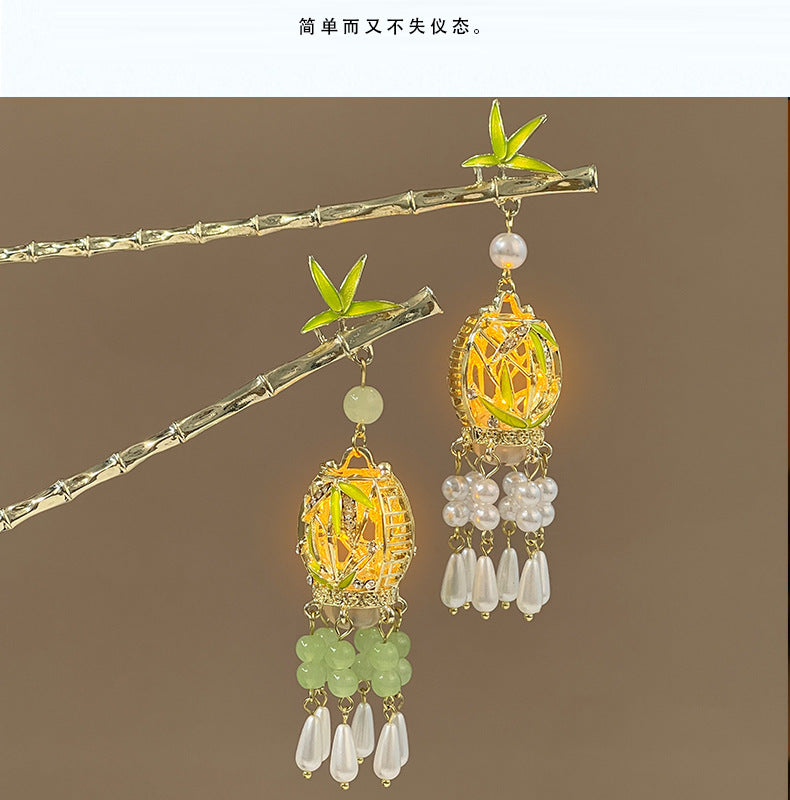 Luminous Lantern Hairpin – Antique Chinese Style, Metal Phoenix Tassel Hair Accessory for Women