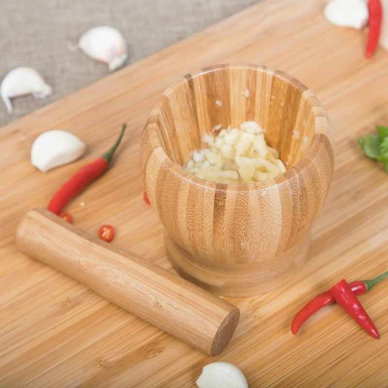 Bamboo Garlic Mortar & Pestle – Natural Wood Mashing Pot for Garlic, Ginger & Spices