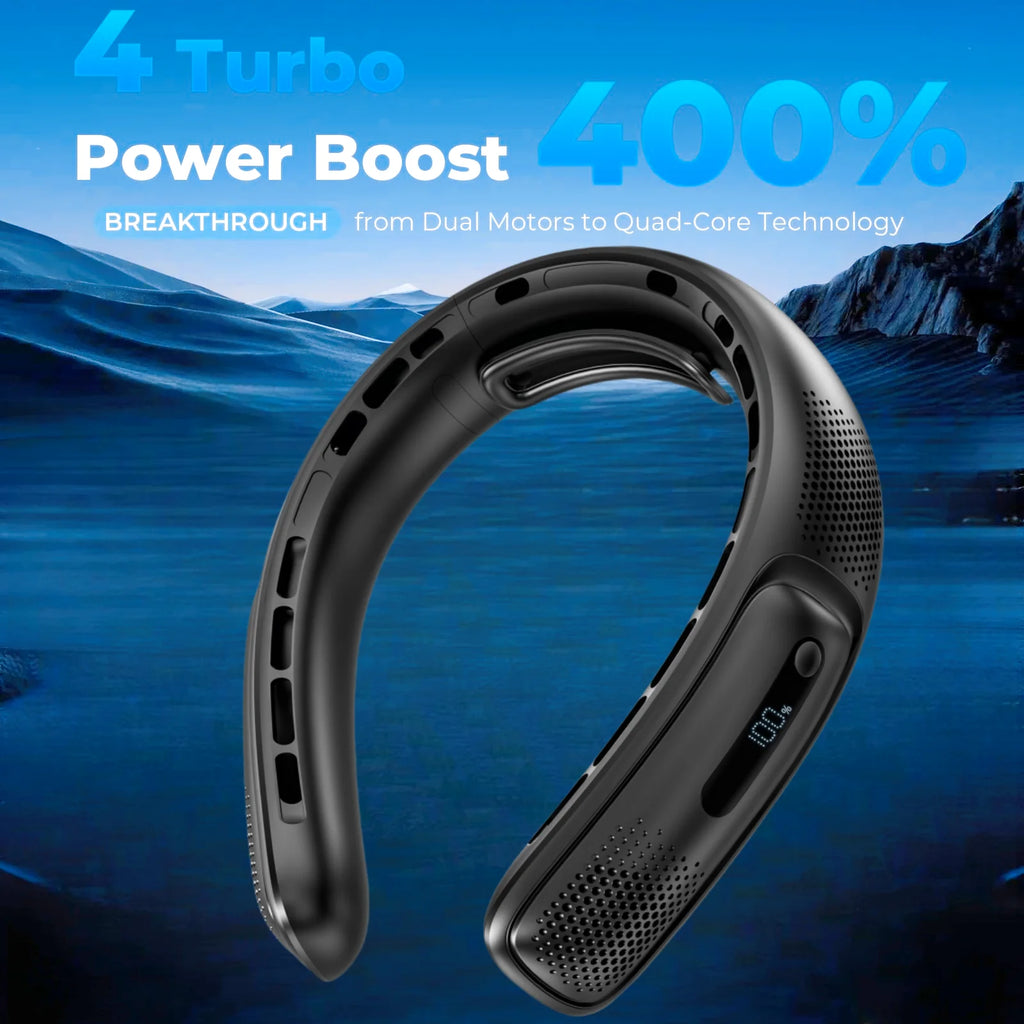 Portable Neck Fan – 4 Turbo Bladeless, 4000mAh, 360° Cooling, LED Display