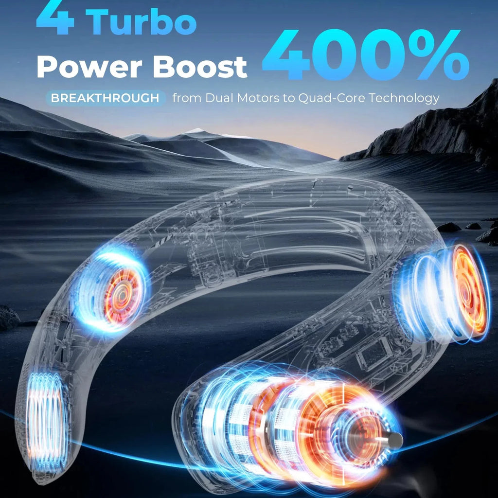 Portable Neck Fan – 4 Turbo Bladeless, 4000mAh, 360° Cooling, LED Display