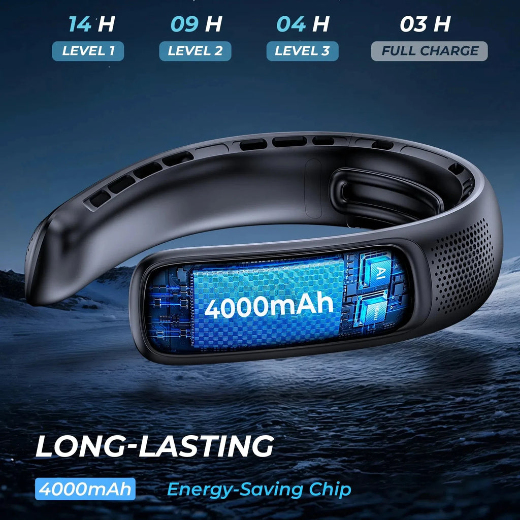 Portable Neck Fan – 4 Turbo Bladeless, 4000mAh, 360° Cooling, LED Display