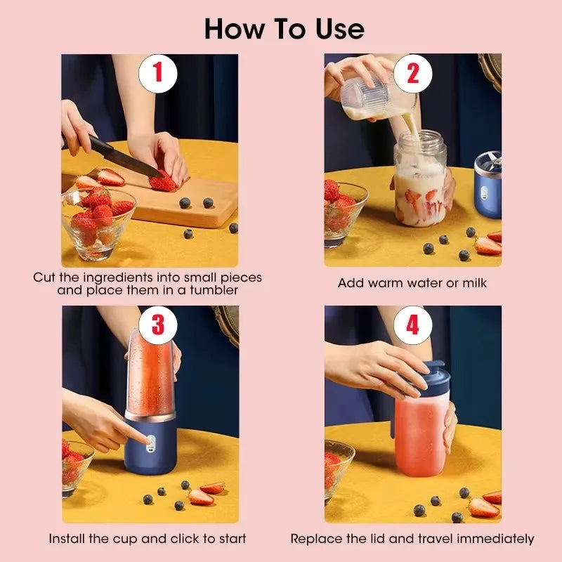 Portable Mini Blender – USB Rechargeable, 6 Blades, Personal Juicer Cup