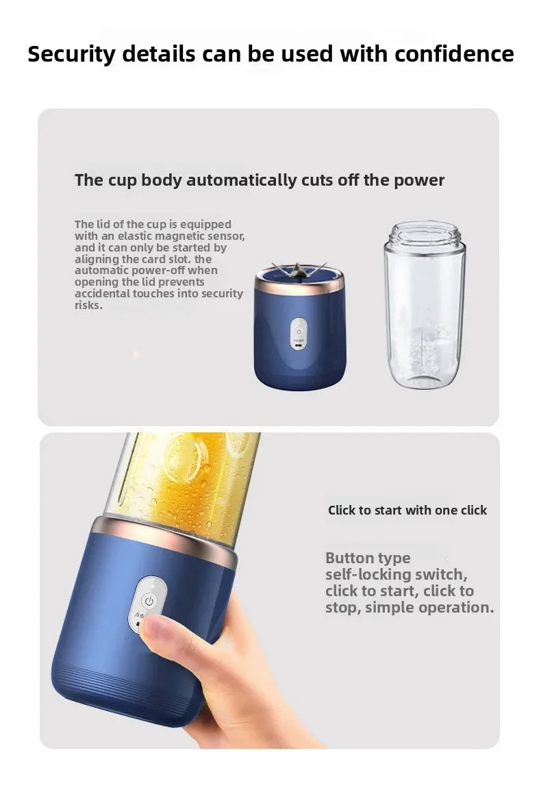 Portable Mini Blender – USB Rechargeable, 6 Blades, Personal Juicer Cup