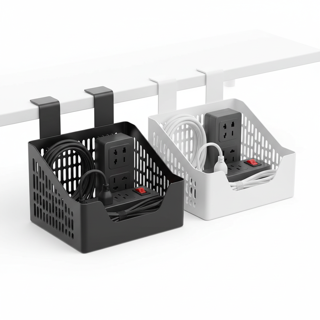 Under-desk cable management tray carbon steel black white no-drill hook mount wire organizer
