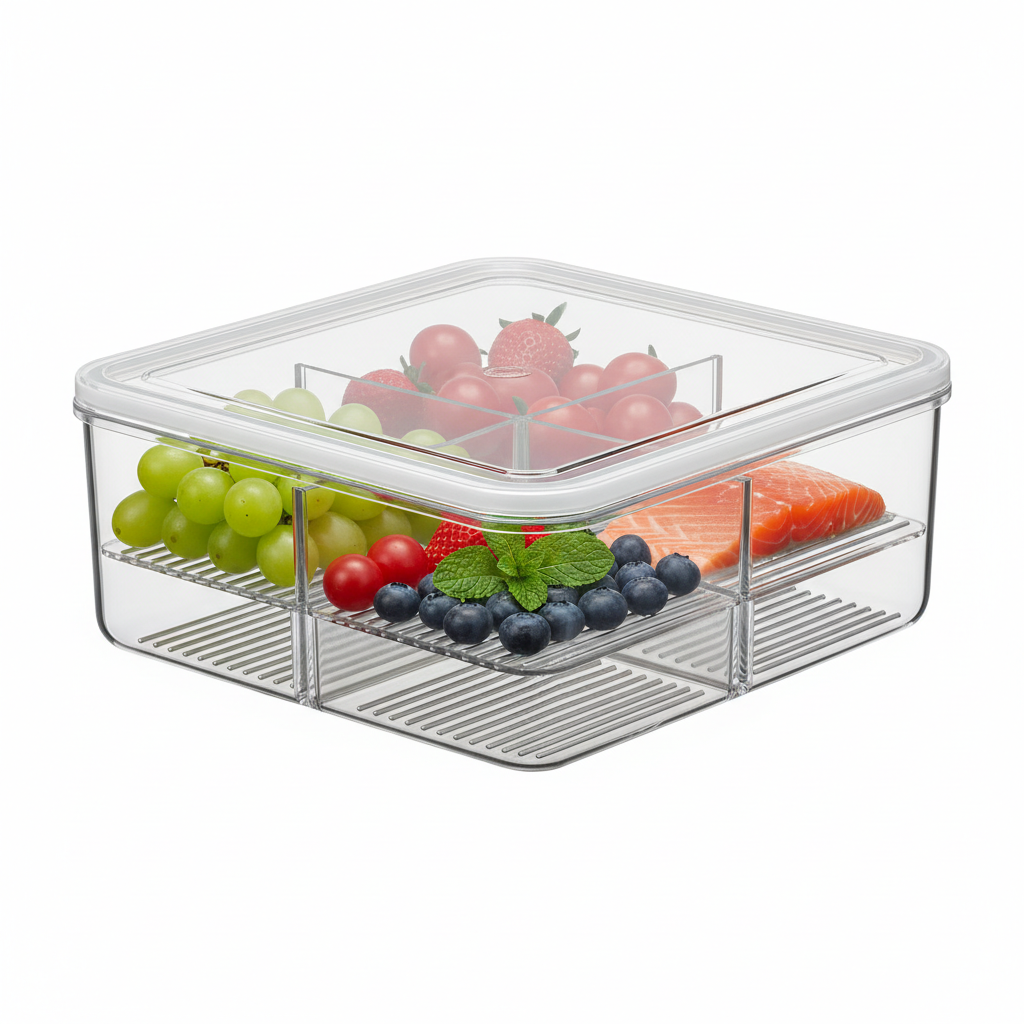 Plastic refrigerator organizer box multi-compartment drain design fresh keeping storage