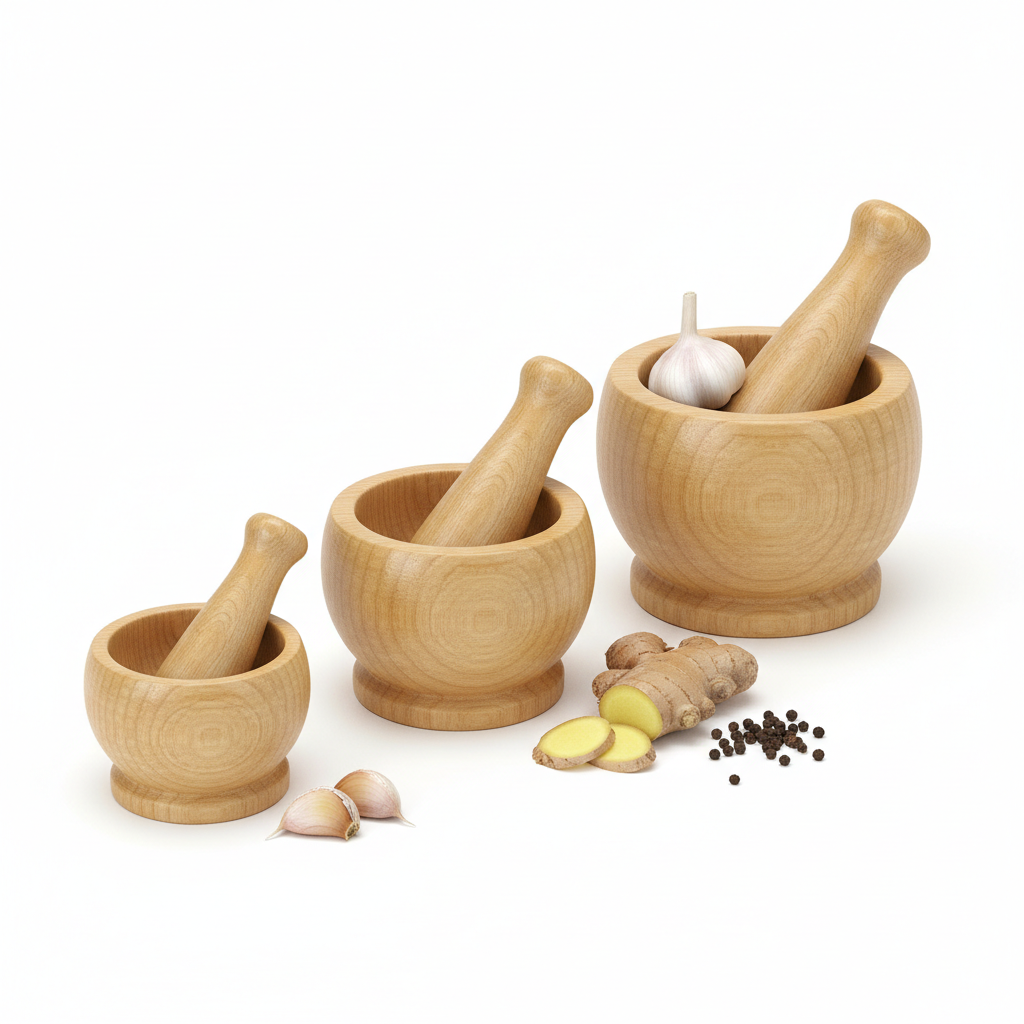 Natural bamboo garlic mortar and pestle set small medium large eco-friendly kitchen tool