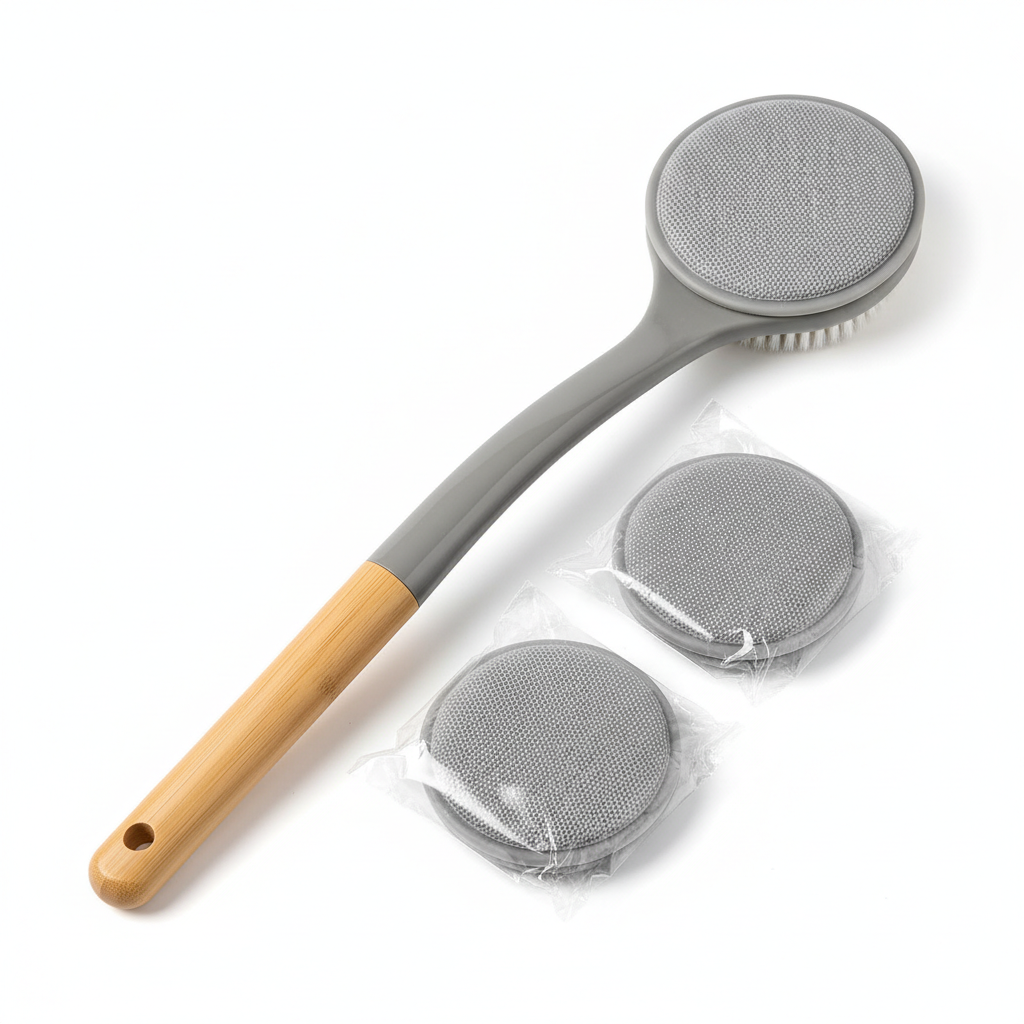 Long handle bath scrubbing brush gray khaki deep cleaning exfoliating 3 replacement heads