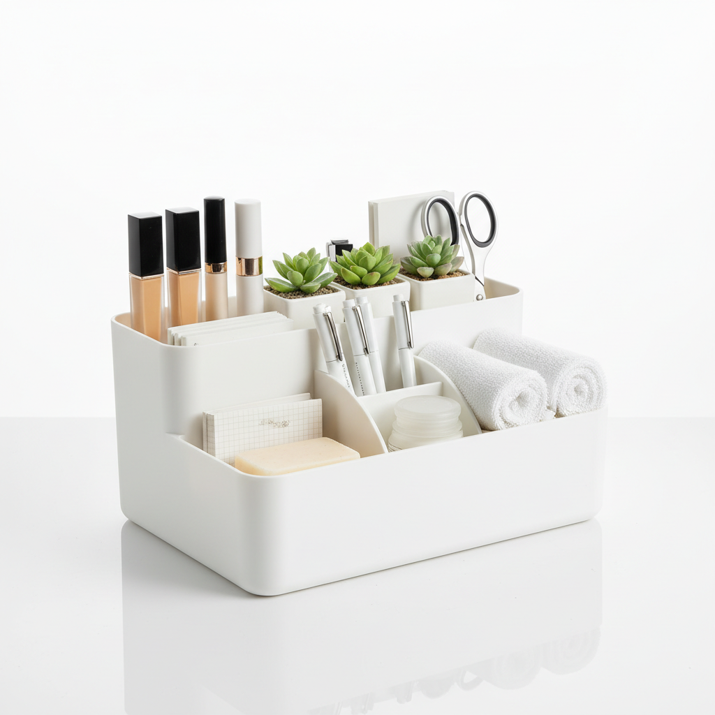 White desktop storage basket with partitions large capacity cosmetics bathroom office organizer