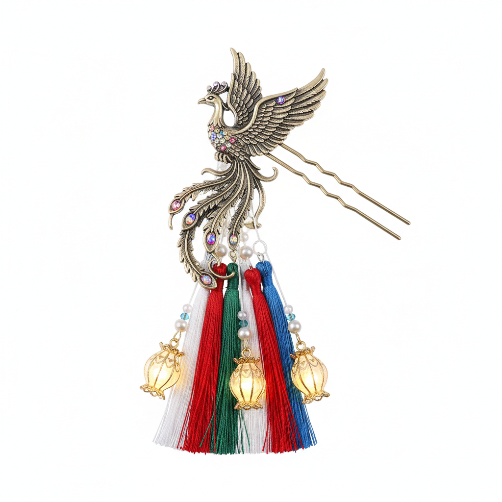 Antique Chinese style luminous lantern hairpin metal phoenix tassel hair accessory women